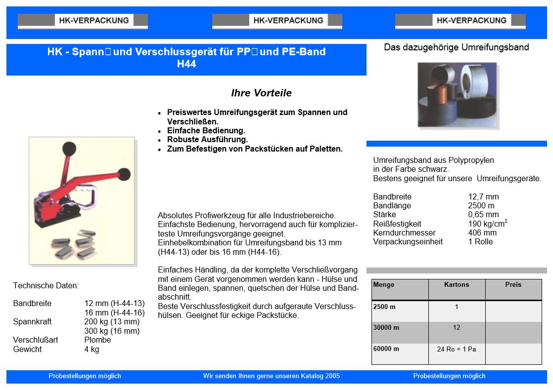 Flyer für Umreifungsgerät H 44 von HK-Verpackung