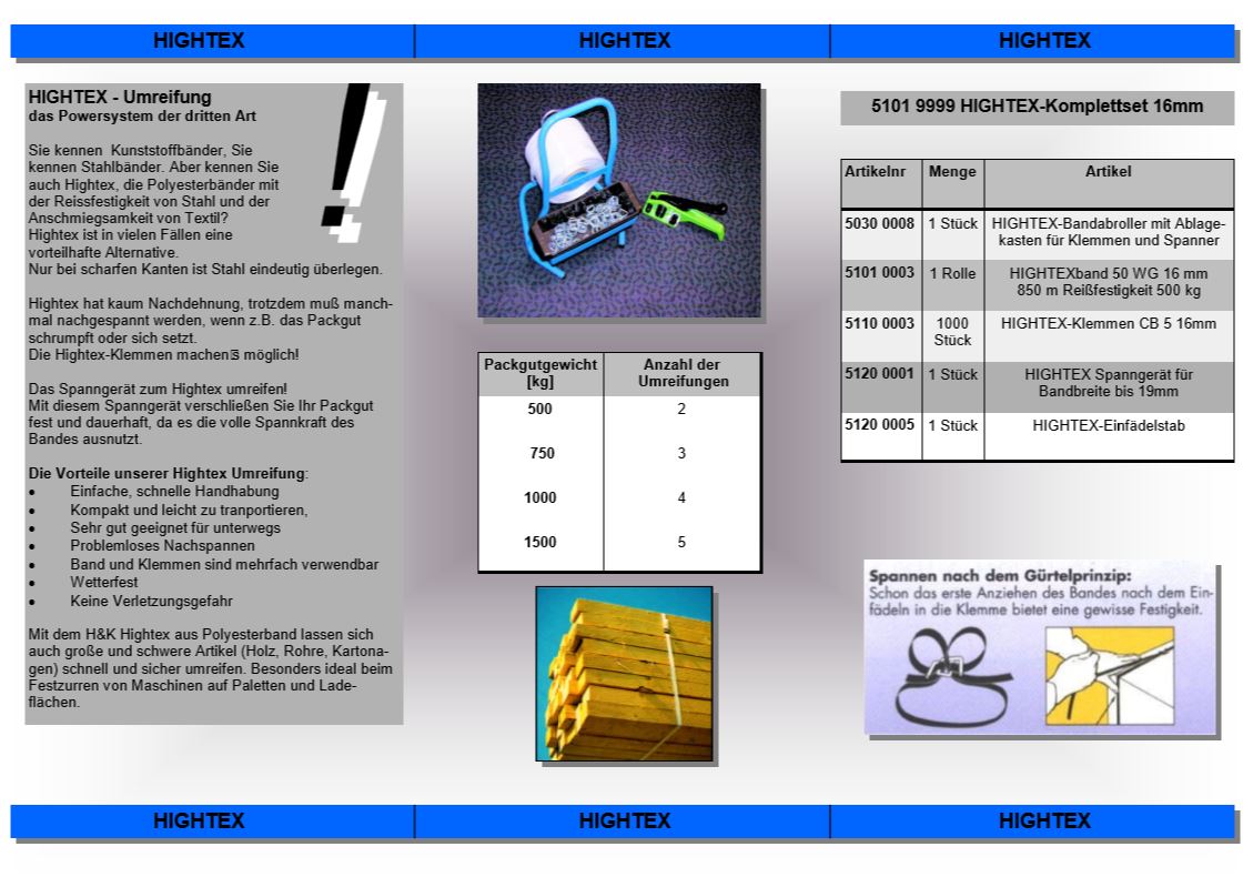 Flyer für Hightex-Umreifungsgerät von HK-Verpackung