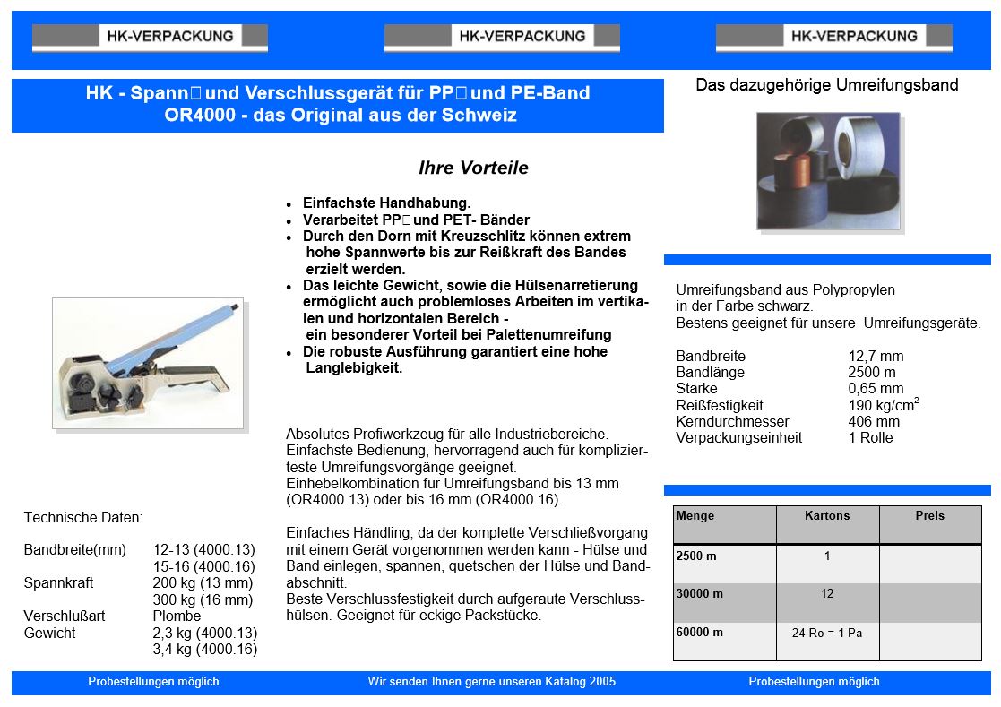 Flyer für Umreifungsgerät OR 4000 von HK-Verpackung